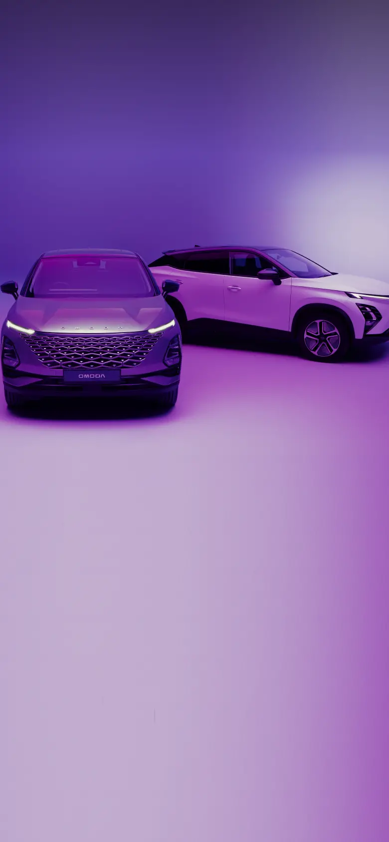 Grey and White OMODAs parked in a white and purple background