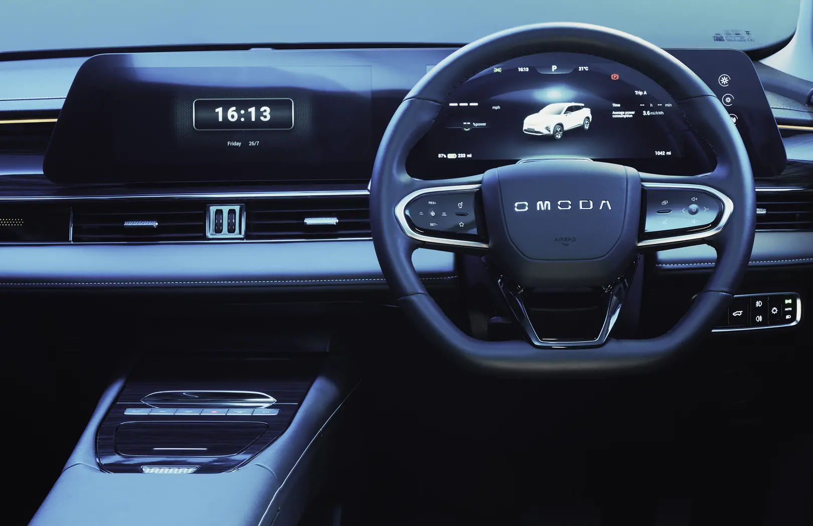 Close up of an OMODA SUV steering wheel