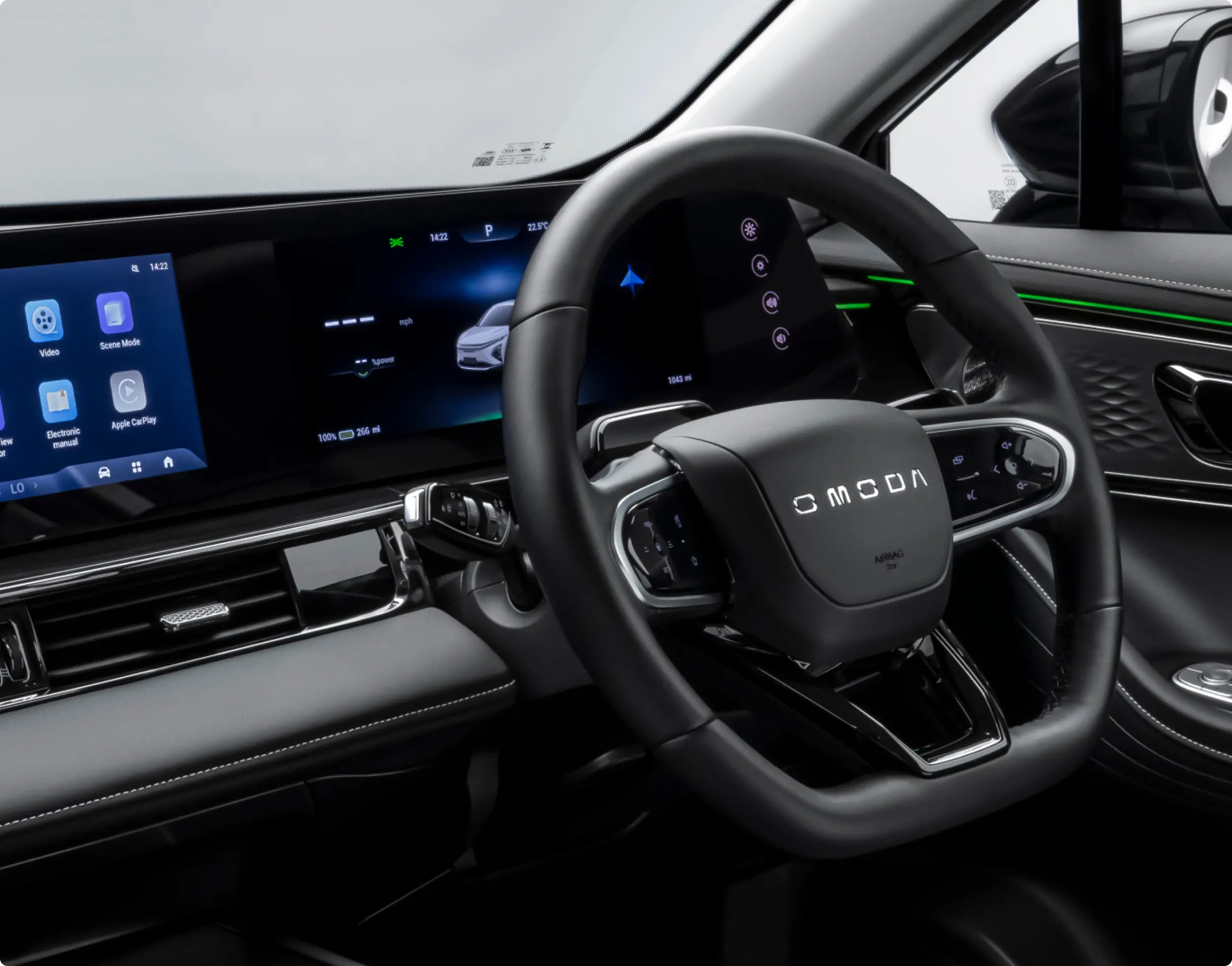 Close up of OMODA E5 wheel and dashboard