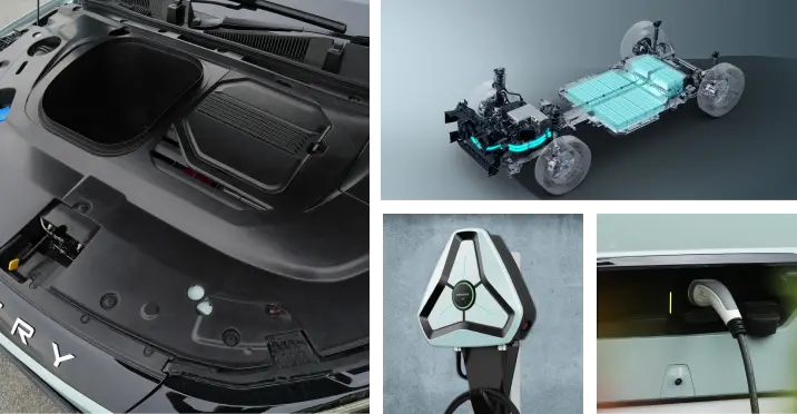 Four images detailing the charging features on an OMODA E5