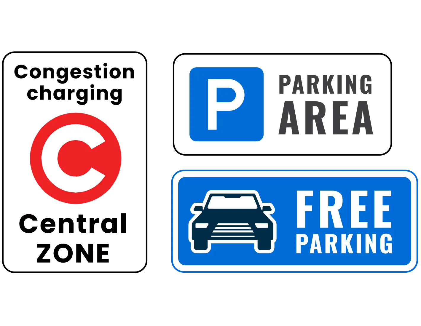 Three images including congestion charging, parking area and free parking signs