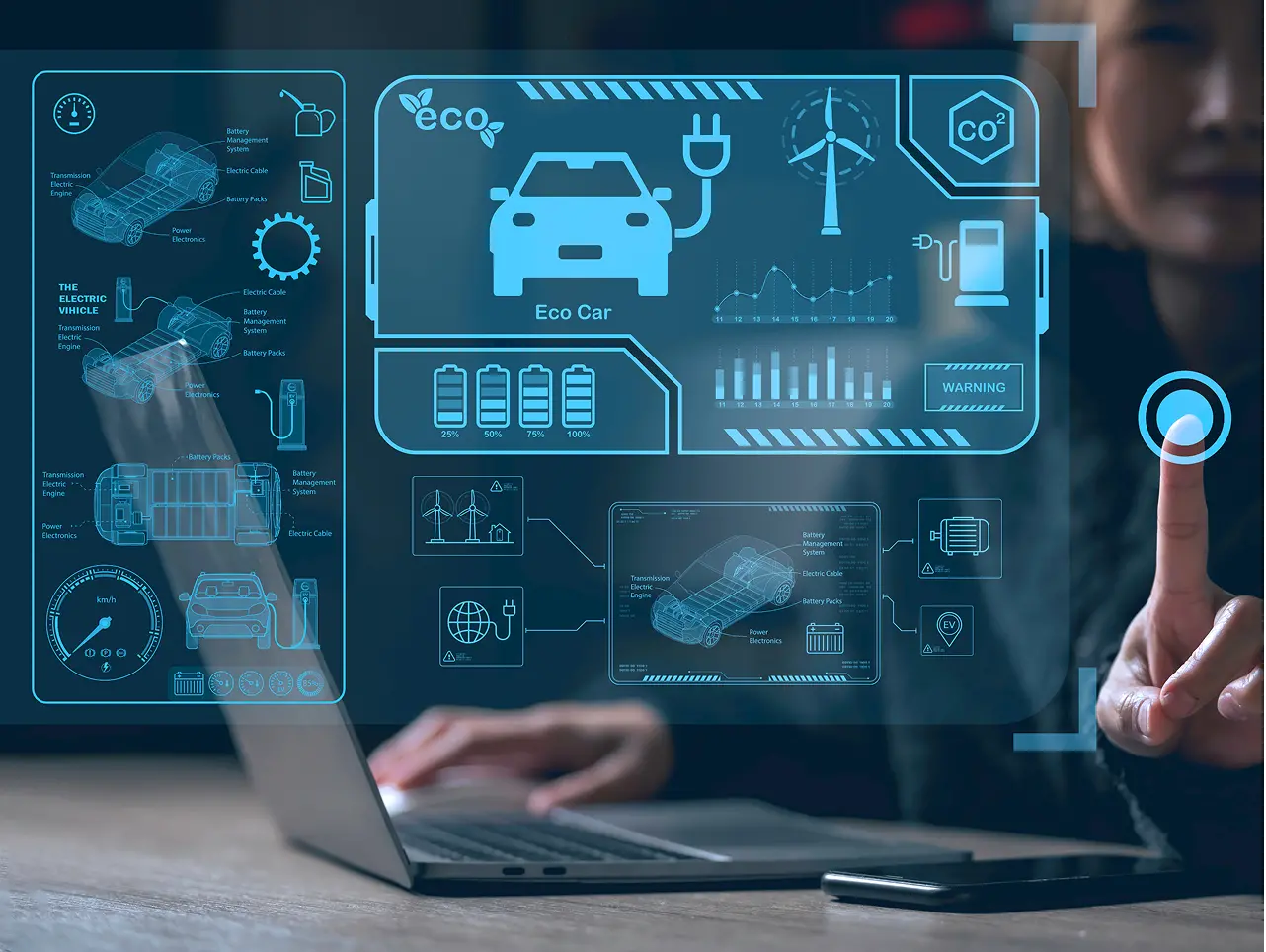 Blue infographic of the workings of an EV car