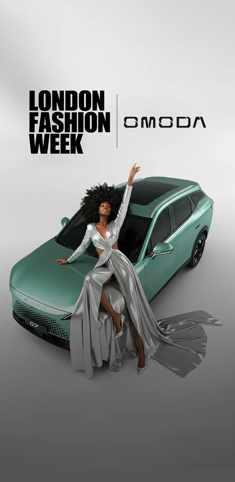 London Fashion Week x OMODA with a model posing in a silver dress on top of an OMODA 7 SUV