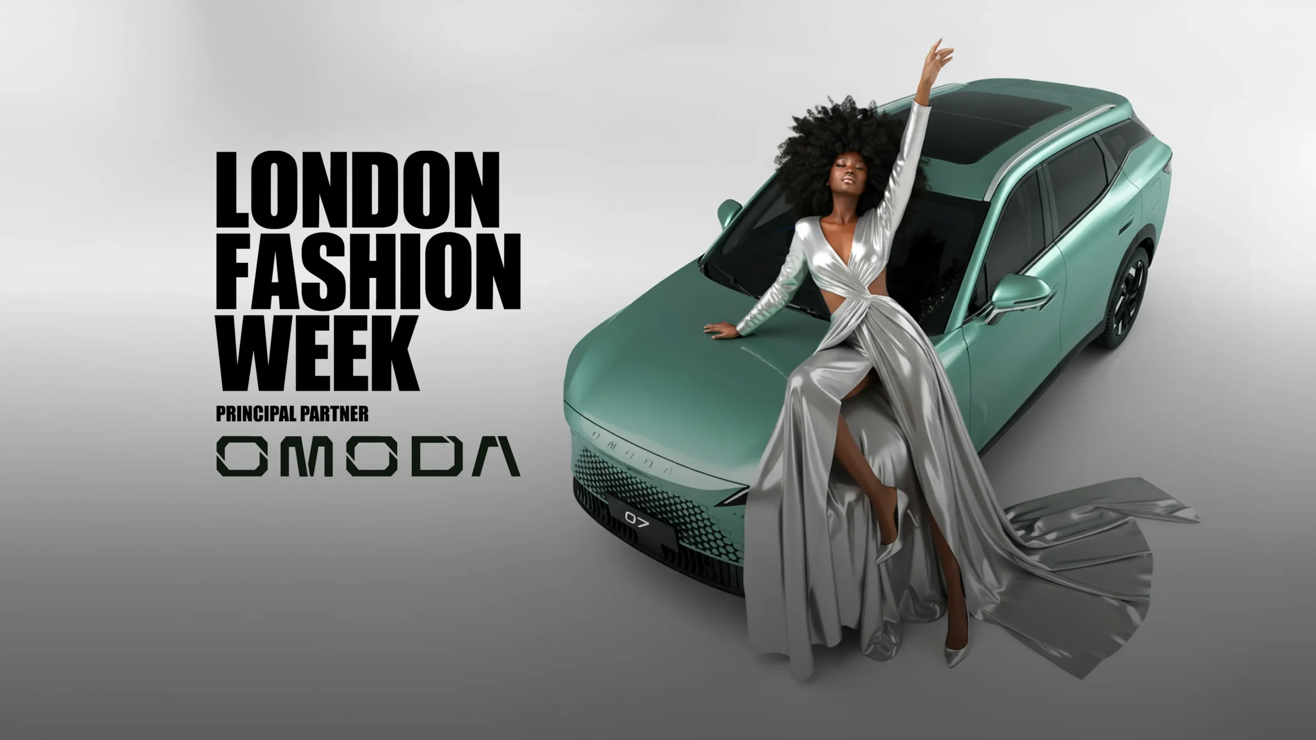 Principal Partner at London Fashion Week. Photo includes a model in a silver dress posed over a green OMODA 7